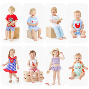 Puresun Korte Mouw Kinderkleding Set Borduurwerk Kinderkleding Geruite Print Op Maat 100% Katoen Jongenskleding Sets - Product Image 3