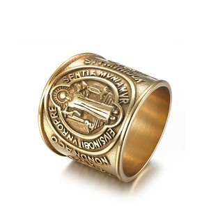 St. Benedict Men's <b>Ring</b> Steel Gold Cross Design Religious Jewelry Gift - Product Image 1