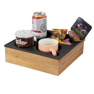 Black Wood Couch Cup Holder Tray Soft Food Grade Silicone Acacia Wooden Couch Caddy Box for Snacks