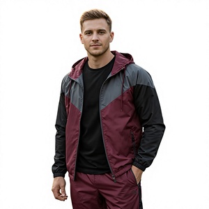 Conjunto Deportivo Unisex Cortavientos con Capucha, Estampado con Bloques de Color, Manga Larga, Bolsillos Laterales y Cremallera Frontal para Primavera - Product Image 1