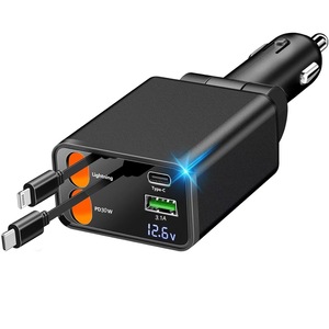 Cargador de coche 30W PD con carga rápida, tipo C, Lightning, USB A, doble puerto, salida de 12V con cable retráctil - Product Image 1
