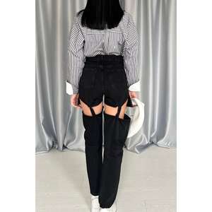 Ensemble deux pièces en jean noir à bretelles, style décontracté, pour soirée, streetwear ou été/vacances, technique délavée - Product Image 2