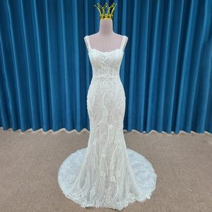 Vestido de Novia de Lujo Moderno LSSM004 con Tirantes Espagueti, Cola de Capilla, Encaje, Lentejuelas, Flores y Cristales, Estilo Sirena - Product Image 1