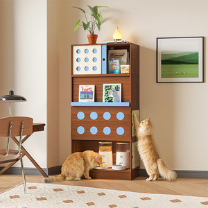 Mobilier multifonctionnel pour animaux de compagnie en bois massif, trois en un, pour chat : gamelle, meuble sur pied et armoire modulable DIY pour chats - Product Image 1