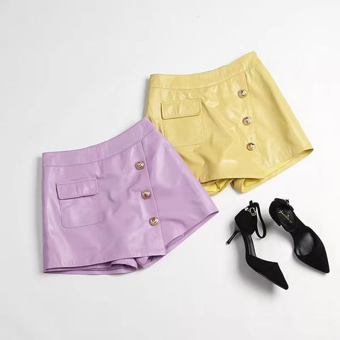 3654 Custom Real Sheep Leather Short Muliti Solid Color High Waist Pocket Women Casual Leather Shorts