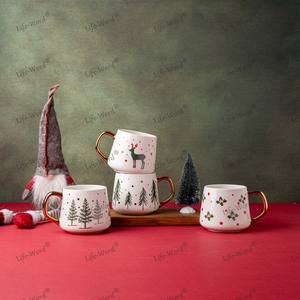 ชุดแก้วเซรามิกที่มีธีมเทศกาลคริสต์มาสชุดภาชนะสำหรับดื่มขอบทองสีขาวพร้อมรูปต้นสนรูปกวางสำหรับงานเลี้ยงถ้วยชากาแฟ - Product Image 3