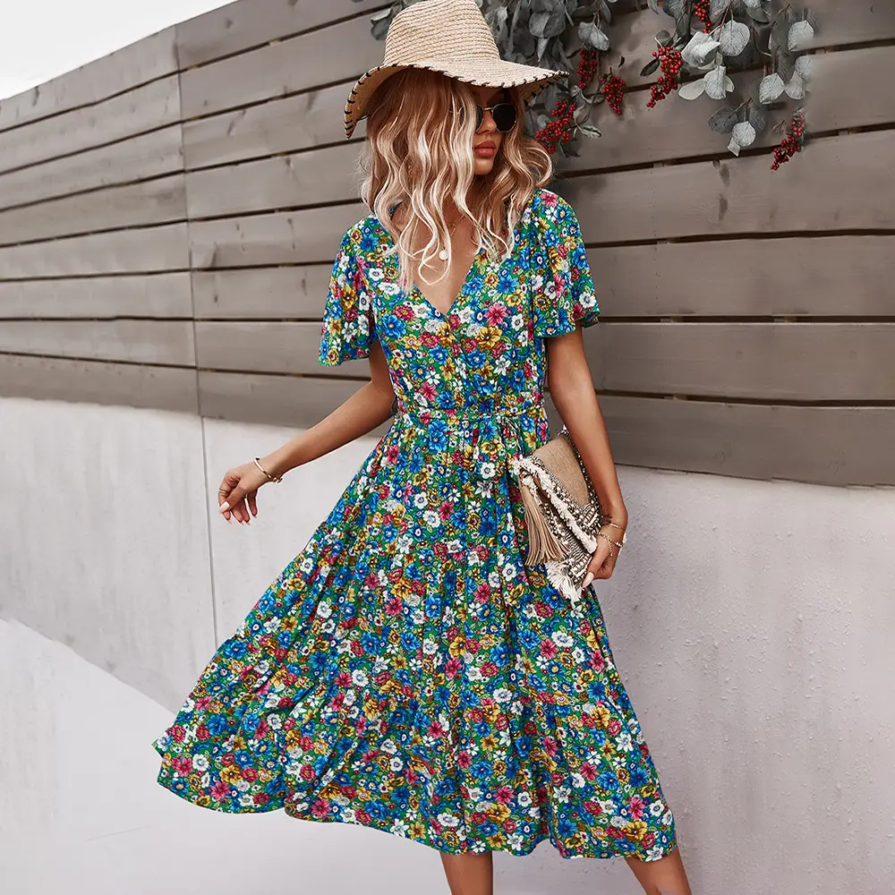 Summer hot sale clothes high waist polyester woman maxi dress Floral print sexy casual dresses