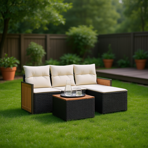 Ensemble de canapé de jardin en polyrotin noir réglable 3 places, mobilier d'extérieur au design contemporain avec panneau en teck - Product Image 2