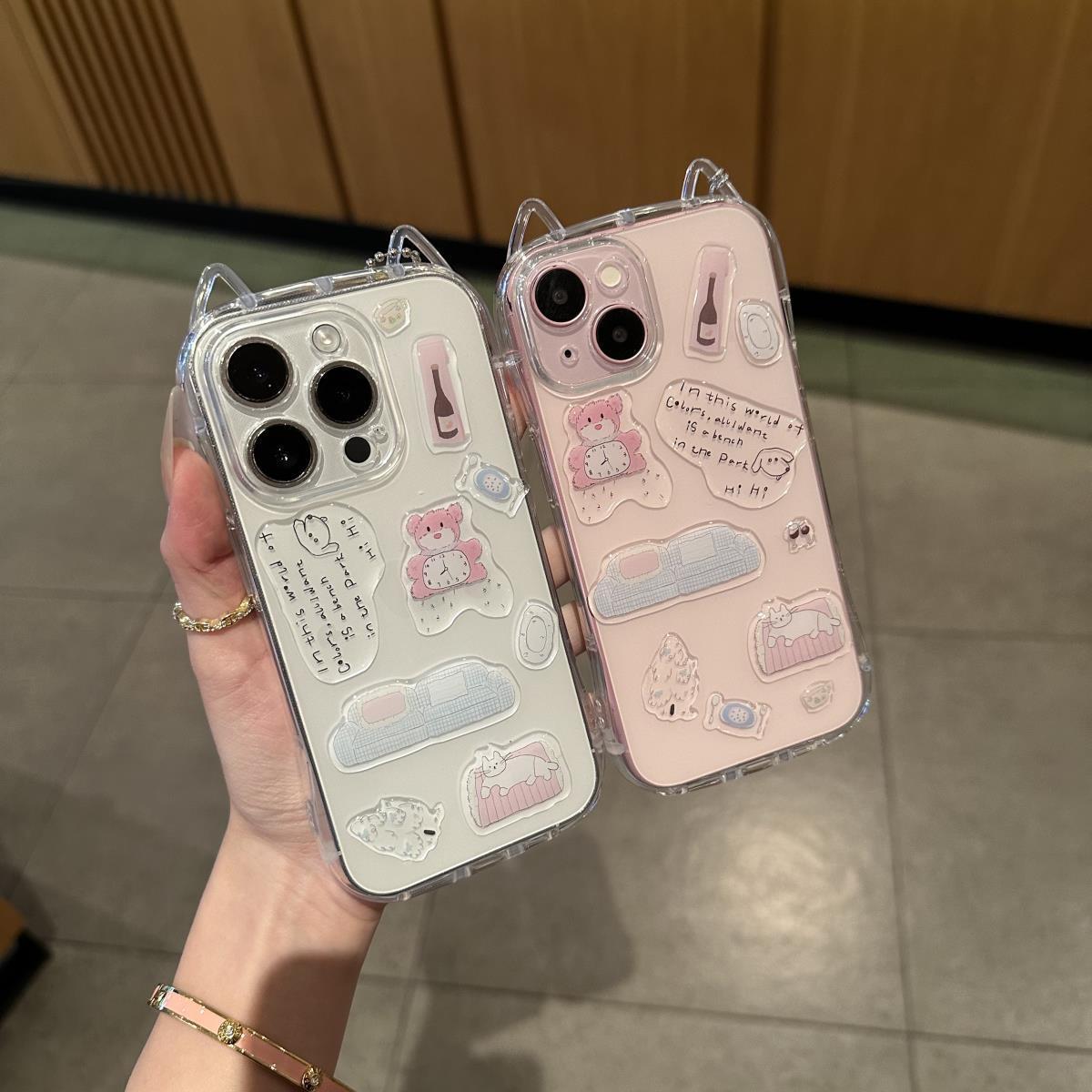 Fashion <strong>Fun</strong> Cat's Ears Phone <strong>case</strong> for <strong>iphone</strong> 17Air 12 13 14 15 16 Pro Max With Sticker Transparent TPU Precision Hole Rear Cover