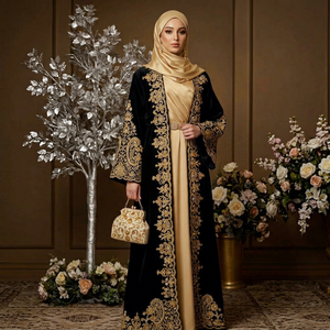 Abaya élégante en velours noir polyester avec broderie cachemire dorée, longue, à manches longues, infroissable, robe modeste pour femme, taille moyenne - Product Image 1