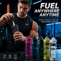 Conteneur de poudre protéinée à 3 compartiments avec entonnoir, porte-clés mousqueton, sans BPA, boîte à suppléments, logo personnalisé, vente en gros pour la gym