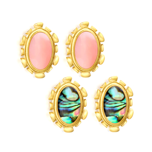 Vintage Gold Oval Earrings for Women - Pink Resin & <b>Abalone</b> <b>Shell</b> Studs - Bohemian Fashion Jewelry Set - Product Image 1