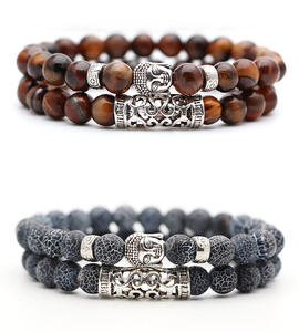 Gelang Batu Alam 2Pcs/Set 8mm Trendy Custom, Semua Jenis Batu Chakra Energi, Batu Lava Vulkanik Hitam, Liontin Buddha Logam - Product Image 5