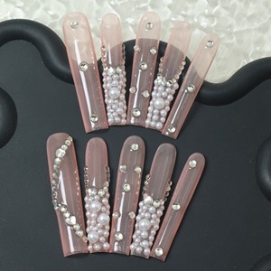 Prix d'usine – Faux ongles de luxe en acrylique, longs, rose, pleine couverture, faits à la main, à presser, avec strass – Vente en gros - Product Image 1