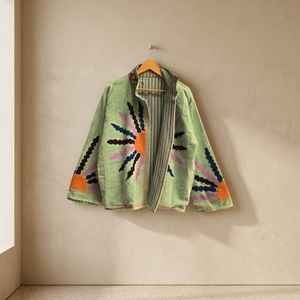 Wholesale Vintage Style Light <b>Green</b> <b>Velvet</b> Jacket Women Hand Embroidered Sun Short Coat Boho Winter Outerwear With Geometric - Product Image 1