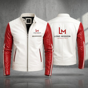 Chaqueta de Moto para Hombre LONG MISSION INDUSTRY, Blanca y Roja, de Cuero, con Calefacción, para Invierno, Cuello Mao, Cierre de Cremallera, Corte Ajustado, Largo Regular - Product Image 4