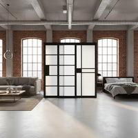 Nouvelle porte coulissante en bois à grille géométrique moderne pour chambre à coucher, finition gris mat, panneaux en verre dépoli, appartement, hôtel, entrepôt, villa