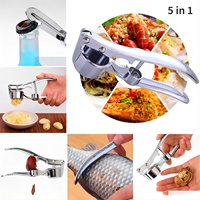 Vente en gros/sur mesure 5-en-1 presse-ail 3 pièces avec rouleau éplucheur en silicone et brosse de nettoyage-presse-ail en alliage de zinc