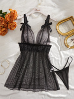 Robe de nuit sexy transfrontalière européenne et américaine en polyester noir à pois, avec empiècements en dentelle et maille, transparente, avec bretelles et string