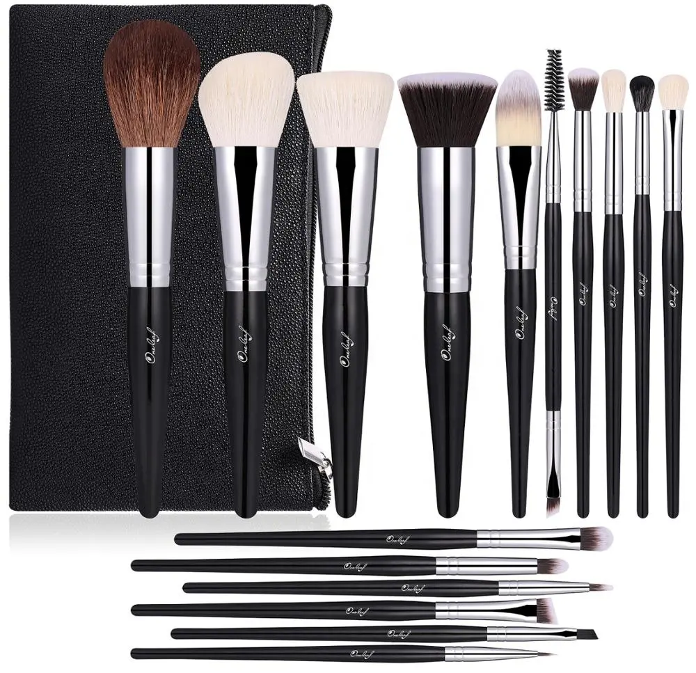 Super Soft Goat Hair Makeup Brushes 16PCS Black Wooden Handle Natural Face Cosmetic Makeup Brushes with PU Brush Bag