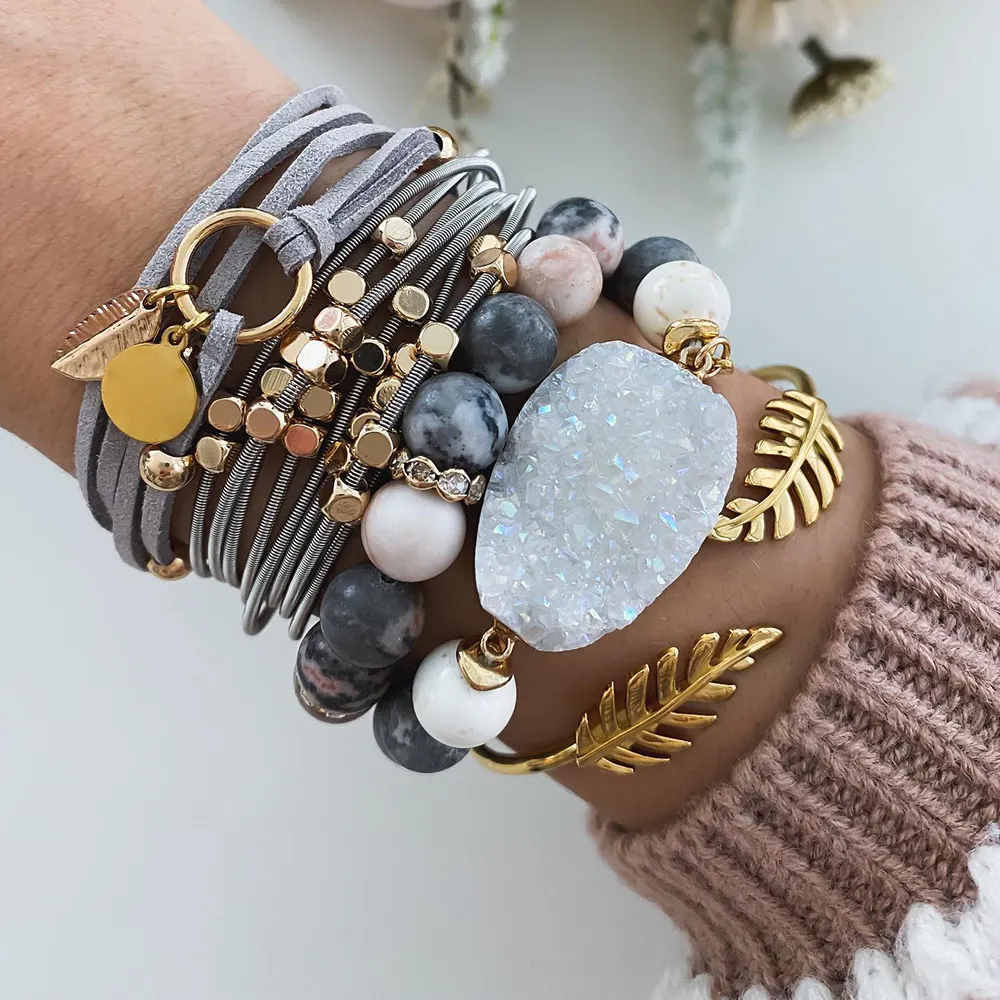 Conjunto de pulseiras para mulheres, estilo boho outono, joias de gema, zebra natural, rosa, jasper, com moldura de ouro, druzy, quartzo, nugget, pente, conjunto de pulseira