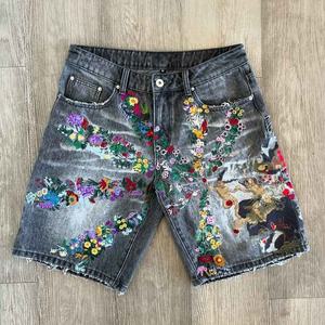 Custom pria mewah Y2K Streetwear Denim ketat celana pendek bordir bernapas tahan air Jorts dicetak pola rajutan - Product Image 2