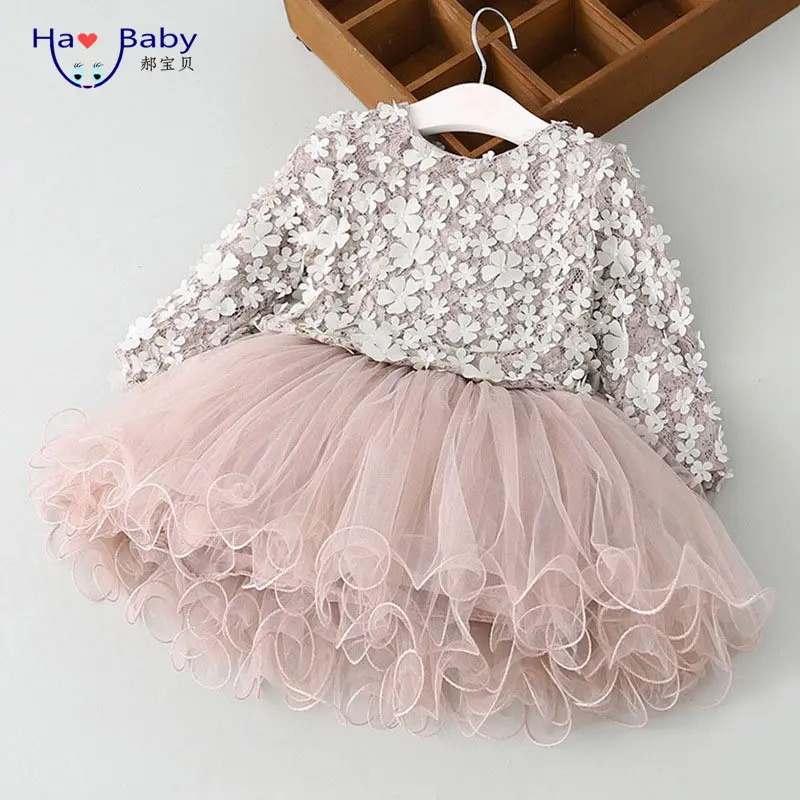 Hao Baby Herfst Nieuwe Meisjes Lange Mouwen Jurk Kinderen Kleding Mooie Prinses Rok Driedimensionale Bloemblaadjes Pluizige Netto Dres