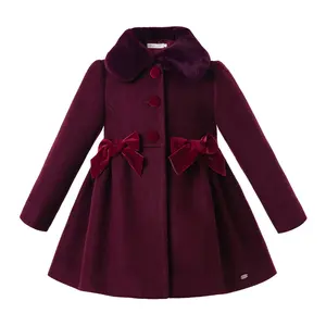Pettigirl Fall Velvet Wine Red Winter Girls Coats With Bows Faux-Fur Collar Single Breasted popular Baby Girl Clothing 1BAG=1PCS