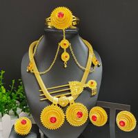 Ensemble de bijoux plaqué or 24 carats style vintage Dubaï, 6 pièces (collier, boucles d'oreilles, bracelet, bague) pour mariage, fête ou cadeau - Vente chaude