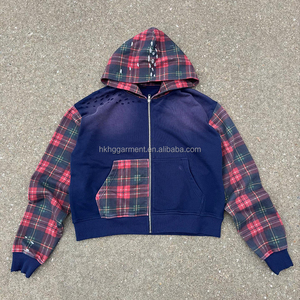 Sweat à capuche zippé en molleton français 100% coton à carreaux, design personnalisé, patchwork, couleurs contrastées pour hommes - Product Image 1