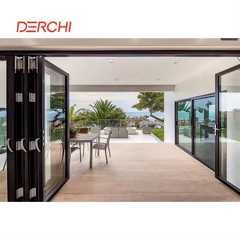 DERCHI Hurricane Impact Économie d'énergie Conception Bifold Extérieur Aluminium Verre Pliant Patio Portes Système Accordéon Porte