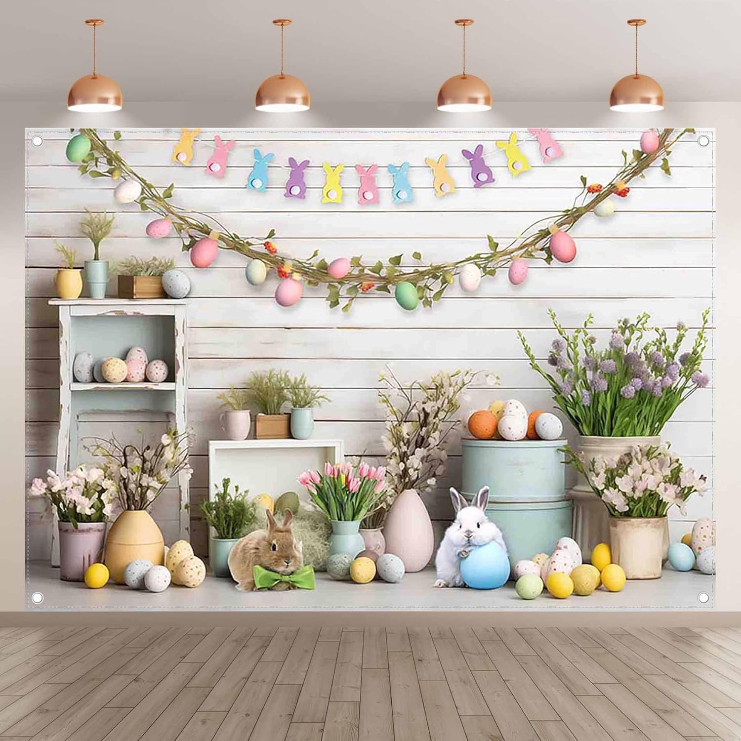 LB 7x5ft Happy Easter Backdrops For Photography Cute Rabbit Bunny Spring Flower Photo Background Birthday Cake Table Banner,Ctomized Photoshoot Studio Props