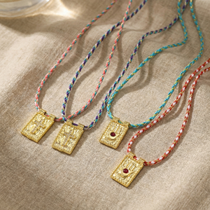 Collar Religioso Resoul con Cruz, Chapado en <span class=keywords><strong>Oro</strong></span>, Colgante Rectangular con Mano <span class=keywords><strong>de</strong></span> Hamsa, <span class=keywords><strong>Cordón</strong></span> Trenzado Colorido, Joyería Cristiana para Mujeres y Hombres - Product Image 1