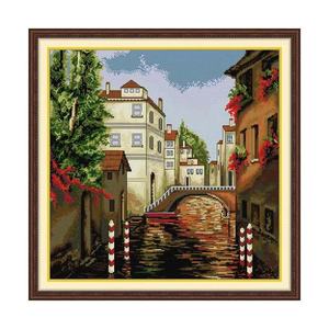Kit <span class=keywords><strong>Punto</strong></span> <span class=keywords><strong>Croce</strong></span> su Tessuto con Motivo Paesaggistico Italiano: Angolo del Canale di Venezia e Ponte, Fai da Te, per Adulti, Decorazione Murale - Product Image 2