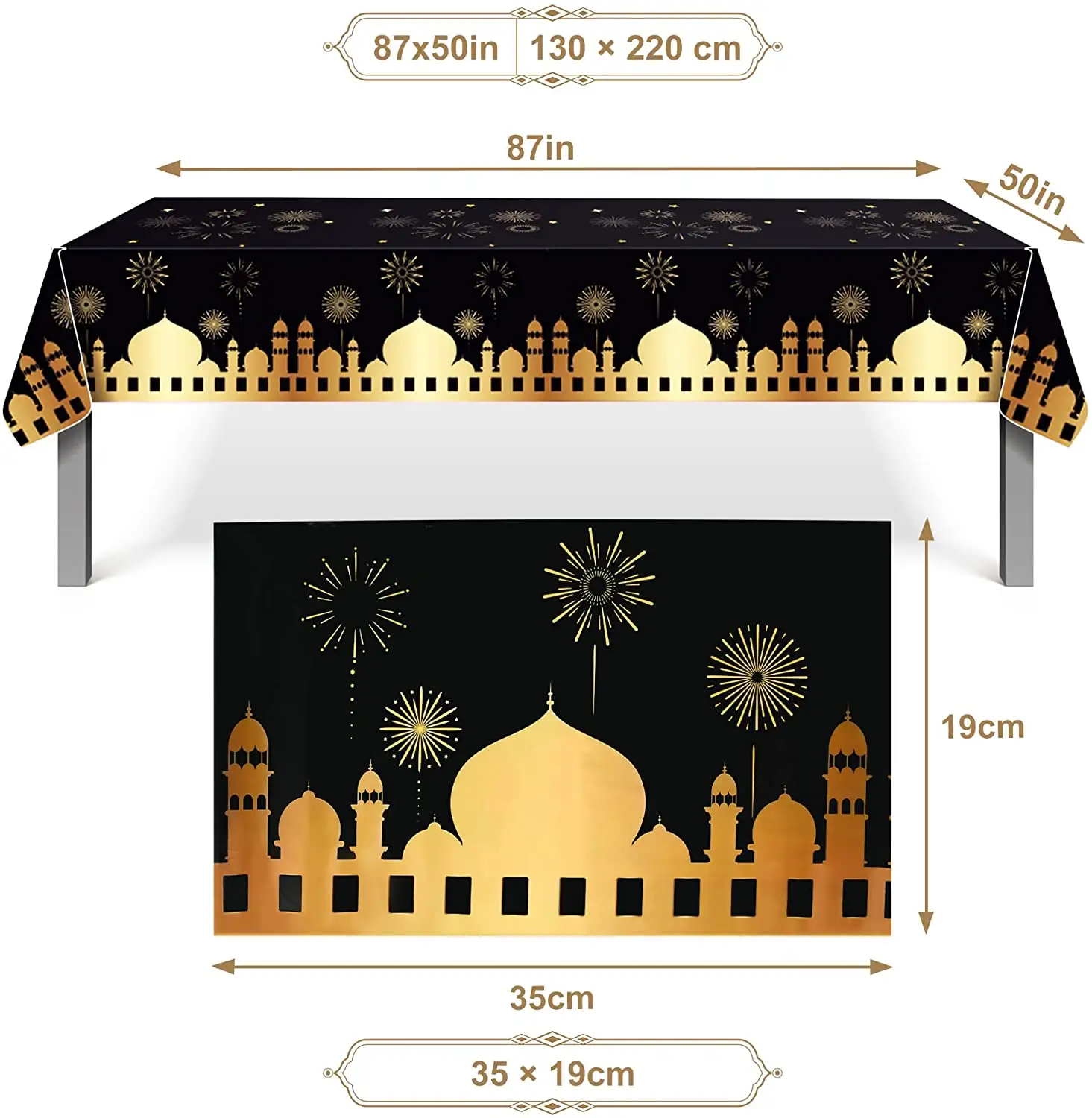 Eid Mubarak 파티 장식용 플라스틱 일회용 라마단 무바라크 방수 식탁보 블랙 수제 무료 파티 용품