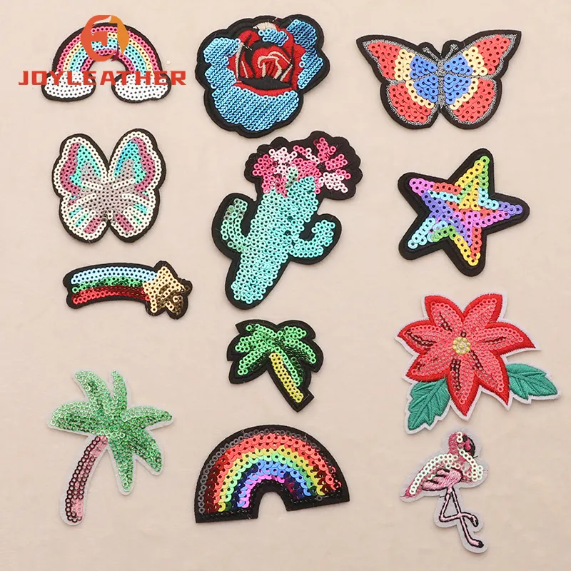 ApliSequined DIY remendos arco-íris moda pássaro borboleta bordado tecido algodão PVC flores artesanais para roupas lantejoulas