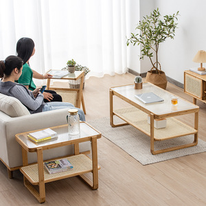 Nordic Minimalist Coffee <b>Table</b> Tempered <b>Glass</b> Double Layer Rattan For Small Apartments Living Room Furniture - Product Image 3