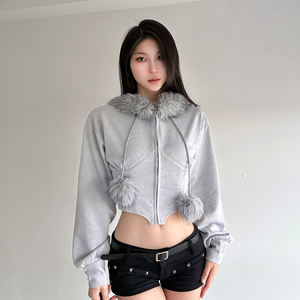 Sudadera Corta de Invierno para Mujer, con Cierre Completo, Tejida, Transpirable, Cortavientos, con Capucha, Control de Abdomen, Ribete de Piel Sintética y Bolsillos - Product Image 2