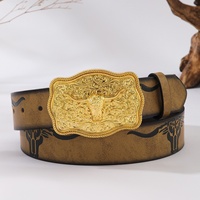 Ceinture rétro style cowboy western avec grande boucle en alliage, ornements imprimés par transfert thermique en PU marron, style urbain audacieux et élégant