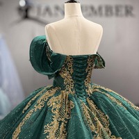 Robe de bal de Quinceañera Jancember, modèle Dy8570, luxueuse, vert émeraude, épaules dénudées, tulle brodé or antique.