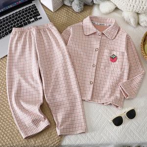 Pyjama en polyester à <span class=keywords><strong>carreaux</strong></span> printemps-automne, ensemble deux pièces pour garçons et filles, coupe ample, manches longues, pantalon respirant et chaud, vente en gros - Product Image 5