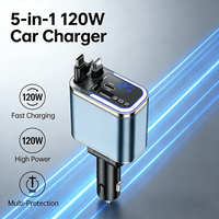 Pengisi Daya Mobil Cepat 120W PD 3.0 Berkualitas Tinggi dengan Kabel Retractable OTP, Layar LED Universal, Pemutar MP3, Port Tipe-C