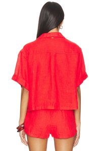 Women's Custom Luxury Casual <strong>Red</strong> Linen Blouse Turn-Down Collar Short Sleeve <strong>Cropped</strong> Button Down <strong>Top</strong> - Product Image 2