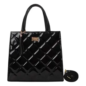Bolso de Compras Grande de Cuero Charol Negro para Mujer Fana Kalea, Acolchado con Diamantes, Asas Dobles, Cierre de Broche - Product Image 1