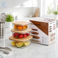 3-delige glazen voedselcontainerset met bamboe deksel |   Magnetron- en vrieskastbestendige lunchbox |   Keukenopbergorganizer met eigen logo