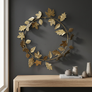 Corona de Hojas Metálicas Moderna, Decoración Redonda Hecha a Mano para Pared, Paquete Individual Sin Iluminación - Product Image 2