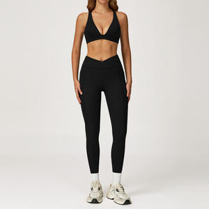 Ensemble de yoga col en V profond et dos nu, leggings évasés taille haute, longueur intégrale, sans couture, couleur unie, Spandex Polyester, 2 pièces - Product Image 2
