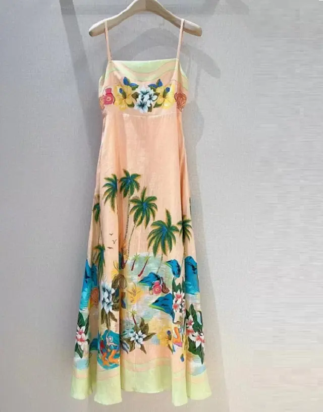 100%Linen Long Dress 2023 Summer Style Women Spaghetti Strap Tropical Prints Sleeveless Casual Beach Long Maxi Dress Orange XL