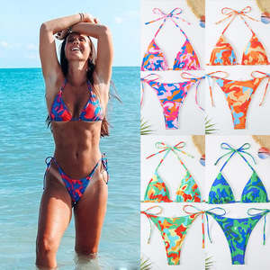 Ensemble bikini deux pièces pour femme, imprimé, haut dos nu à nouer, bas string, maillot de bain extensible en Spandex et Polyester, tenue de plage - Product Image 5