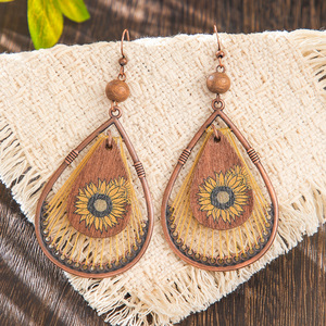 Original Design Bohemia Wooden Water <b>Drop</b> Earrings Antique <b>Bronze</b> Plated Handmade Sunflower Pattern Women's Fashion Jewelry - Product Image 3